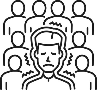 Human antrophobia phobia icon, mental health. Fear of people, psychology problem outline vector symbol. Mental disorder line pictogram or icon with scared, depressed man in crowd