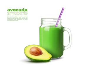 Green avocado detox smoothie or juice. Isolated 3d vector glass jar with straw. Nutritious blend of fresh greens, packed with antioxidants. Refreshing drink, for health-boosting start of the day