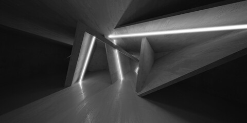 Abstract empty dark concrete interior with glowing lines neon lights