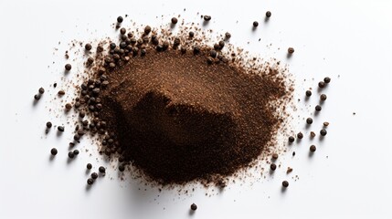 an isolated mound of ground black pepper on a clean white canvas, showcasing the spice's rich color and finely milled texture. - obrazy, fototapety, plakaty