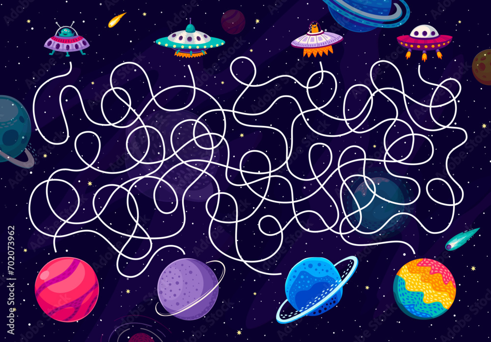 Poster labyrinth maze. help to ufo find a home planet kids game worksheet. galaxy quiz puzzle with vector s