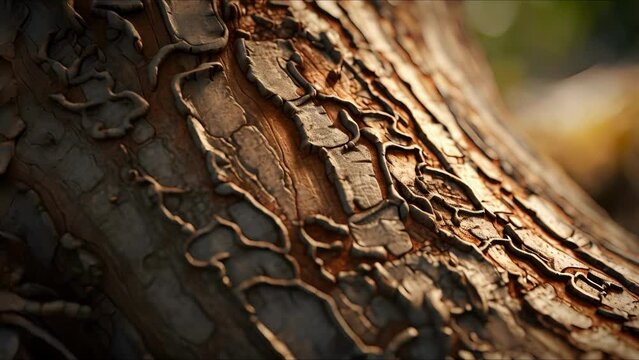 Up close view of a tree trunk with intricate patterns and textures carved into its bark.