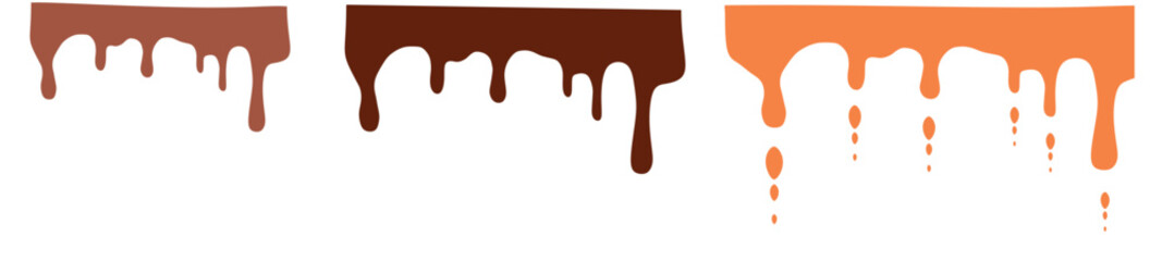 Realistic dripping chocolate texture. Vector isolated border of liquid melted chocolate cream for cake. 3d drip flow of dark cacao for dessert decoration. Brown horizontal glaze wave with tickle.