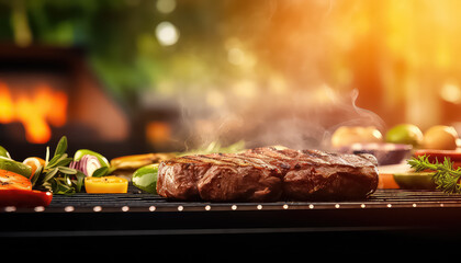 Grilled meat and vegetables close-up on barbecue grill