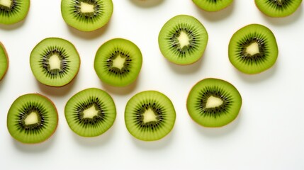arrangement of isolated kiwi slices on a white surface, capturing the rich green color and tiny black seeds in sharp detail.