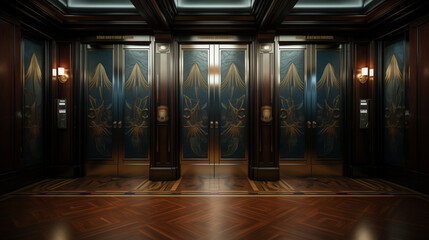 Open and closed elevator in lobby simple design, elevator in Brazilian hotel with doors closed hyperreal. generative ai