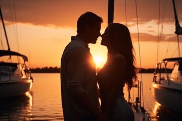 Fototapeta na wymiar Couple in love on a yacht in the evening