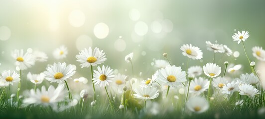 green meadow with beautiful white daisies with sunlight Spring summer flower background banner.