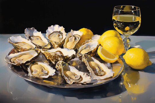 A plate of oysters on ice with a lemon wedge on the side of the plate and a glass of wine on the side of the plate