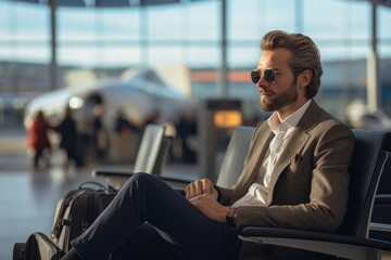 Focused businessman waiting in airport to catch flight