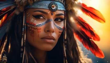 Indian woman with feathers on her head and bright makeup, March 8 World Women's Day - Powered by Adobe