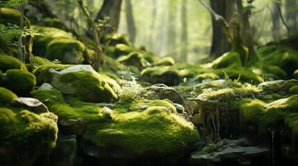 moss-covered stones, bathed in soft natural light, emphasizing the enchanting charm and tranquility of a moss-covered landscape.