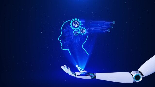 Futuristic cyber 3D robot hand AI artificial intelligence robot process automation cyber security cloud digital technology. machine learning, science cyber brain 3d animation. tech machine learning