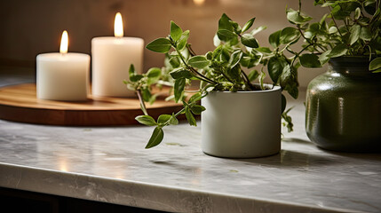 Candles and housplants, decorative hygge comfortable modern home, wood and earth elements, counter top