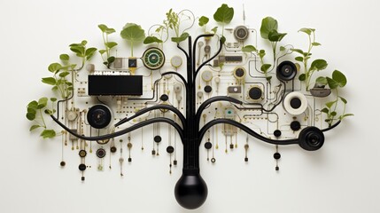 seeds are arranged to depict gadgets, circuits, and futuristic concepts, forming a visually engaging and technological artwork against a clean white surface. - obrazy, fototapety, plakaty