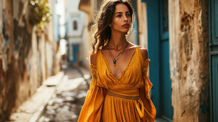 An outfit inspired by the city of Casablanca, worn by a woman, in the daytime, on the streets of Casablanca, Morocco - obrazy, fototapety, plakaty