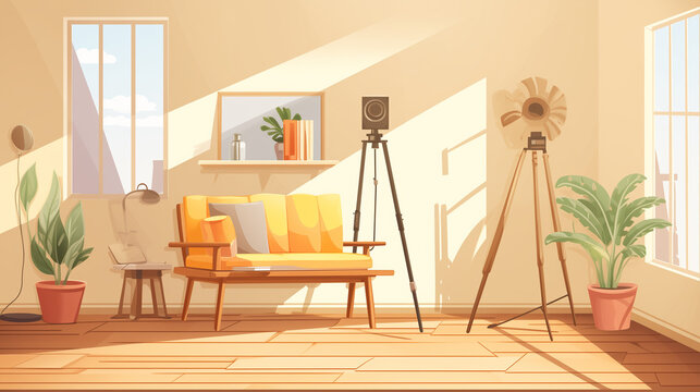 Interior design of living room with furniture, house plants and decor, simple studio room vector illustration product promotion. generative ai