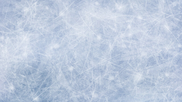 Ice rink scratched surface with realistic texture. Empty light blue background, horizontal hd banner. Vector template for hockey, figure skating or curling illustration, winter sport design, print.