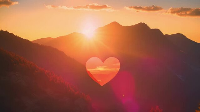 The sun setting behind a mountain peak, casting a radiant glow on the valley and revealing a heartshaped patch of trees.