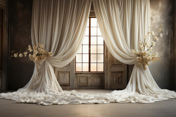 Window curtain backdrop with window pane, luxurious draped sheer curtains, formal, wedding - obrazy, fototapety, plakaty