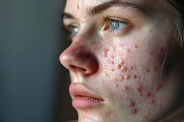 Woman with acne skin problem with hormonal acne, close up