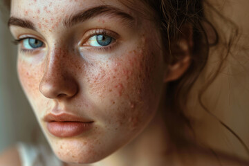 Woman with acne skin problem with hormonal acne, close up - obrazy, fototapety, plakaty