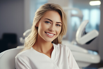 Fototapeta premium Young smiling woman sitting on chair at dentist office. Dental care, healthy teeth