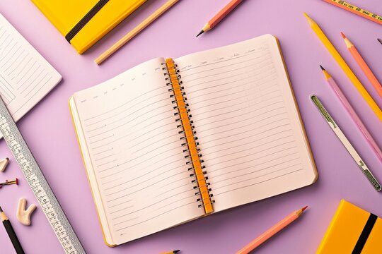 a notebook and pencils on a purple surface