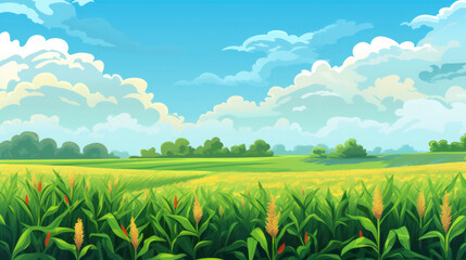 Fototapeta na wymiar Corn field and cloudy sky landscape illustration in cartoon style. Scenery background