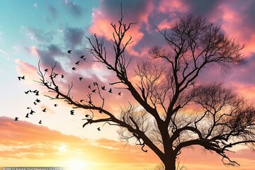 a tree with birds flying in the sky - Powered by Adobe