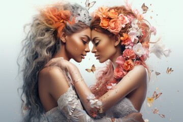 Joyful connection-two young women, caught in a moment of intimacy, look forward to a kiss, portraying the beauty of love. Concept: love for Valentine's Day and LGBT.
