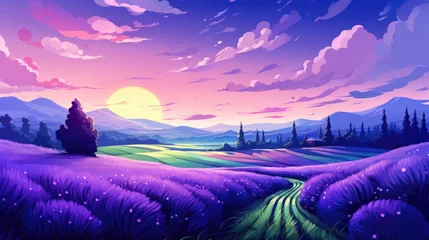 Poster Im Rahmen Lavender field purple landscape illustration in cartoon style. Scenery background. © Pixel Pine