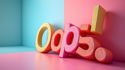Bold and colorful 'Oops!' 3D text, popping against a dual-toned pink and blue background, playful...