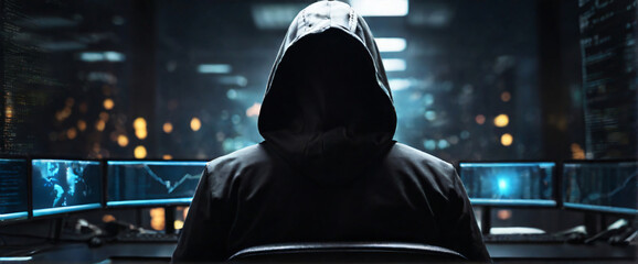 Enter the shadowy world of hacking with a mesmerizing depiction of an anonymous hacker, their back presented in a half-turn, wearing a hoodie, seated in front of a commanding monitor, engrossed in the - obrazy, fototapety, plakaty