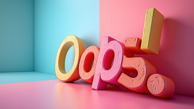 Bold and colorful 'Oops!' 3D text, popping against a dual-toned pink and blue background, playful and eye-catching.