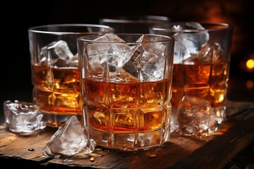 a group of glasses with ice and amber liquid