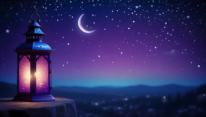 Naklejka premium Arabic lantern with burning candle and bokeh lights in background Ramadan generative ai