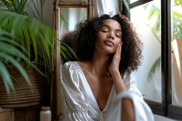 a woman with eyes closed sitting in front of a mirror