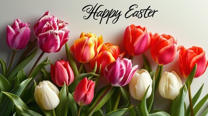A vibrant array of tulips under 'Happy Easter' text, capturing the essence of the spring holiday.