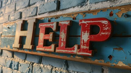 Rustic 'HELP' sign on a weathered blue wall, echoing a vintage appeal for assistance.