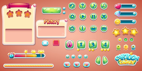 Set buttons, boosters and other of computer game Cartoon Candy - obrazy, fototapety, plakaty