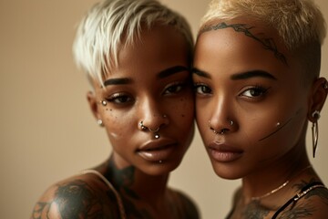 Obraz premium two women with tattoos and piercings posing for a picture