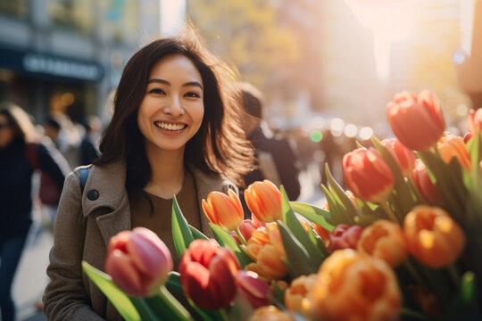 Happy Asian Woman With Bouquet Of Spring Tulip Flowers In City Street