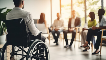 Man in wheelchair at work in office working in company with people