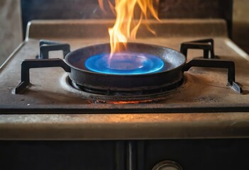 The gas burner on the dirty stove is on. Fire from a gas burner. blue flame from the gas stove comcorder. Dirty stove.
