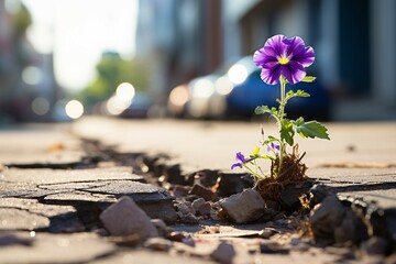 a purple flower growing out of a crack in the ground