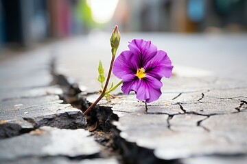 a purple flower growing through a crack in the ground