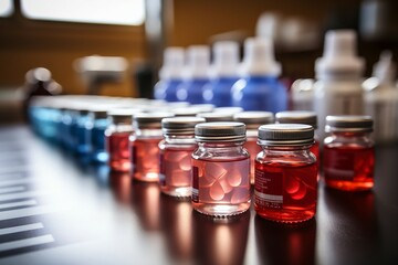 a row of small bottles with red liquid