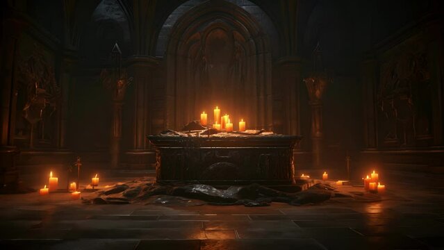 An ancient crypt illuminated by a single candle flame with a shrouded skeleton lying in a coffin in the corner.