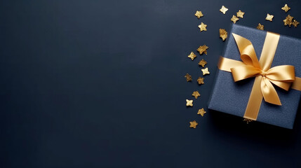 Dark blue gift box with a gold satin ribbon on a dark background.